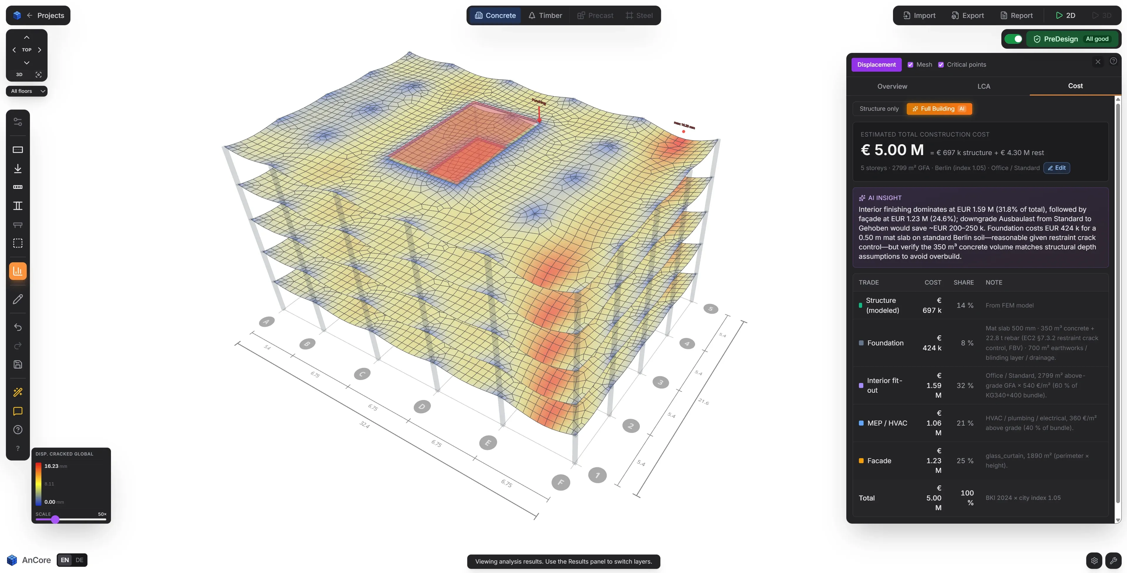AnCore in the browser, deflection per floor slab and the whole-building cost estimate with the AI assessment